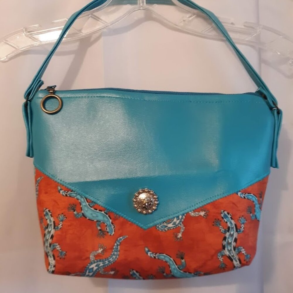 New Gecko theme Vinyl Shoulder Bag Purse Rust Turquoise southwestern vibe